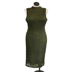 Women's Olive Green Lace Mock Neck Sleeveless Sheath Dress Knee Length